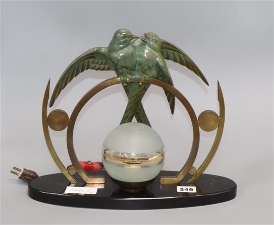 An Art Deco figural lamp, decorated with birds of paradise